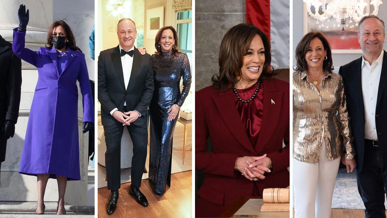 Our ‘Top 4’ VP Kamala Harris Looks including a Purple Christopher Rogers Coat, a Blue Sergio Hudson Sequin Gown, a Maroon Christian Siriano Suit, & a Gold LaQuan Smith Sequin Top